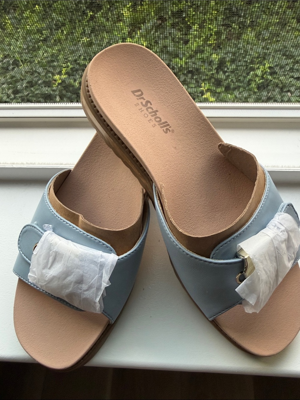 Dr. Scholl's Women's Light Blue Icon Now Wedge Slide Clogs with Buckle